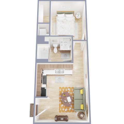 A dollhouse with a bedroom, living room, and kitchen.