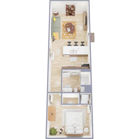 A top-down view of a small apartment with a living room, kitchen, and bedroom.