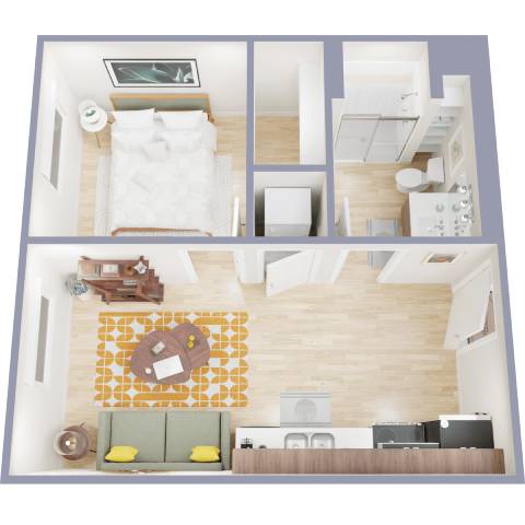 A top-down view of a modern apartment with a bedroom, living room, kitchen, and bathroom.