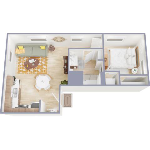 A 3D floor plan of a small apartment with a kitchen, living room, and bedroom.