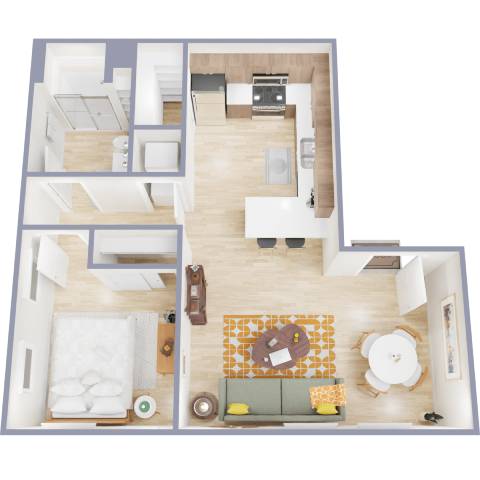 A top down view of a small apartment with a bedroom, living room, and kitchen.
