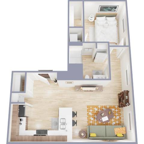 A floor plan of a small apartment with a bedroom, living room, and kitchen.