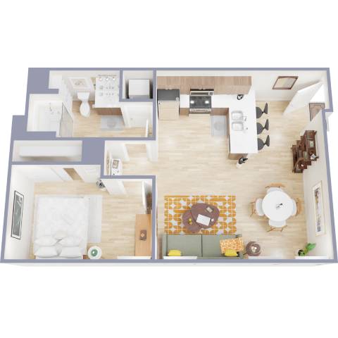 A top-down view of a well-organized kitchen and living room.