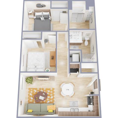 A top-down view of a small apartment with a living room, kitchen, and bathroom.
