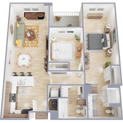 A top-down view of a house layout with a living room, kitchen, and bedrooms.