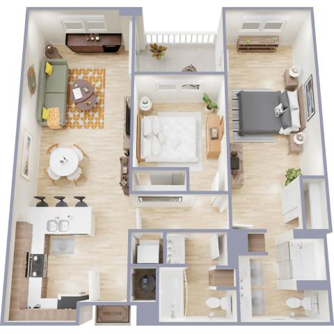 A top-down view of a two-bedroom apartment with a living room, kitchen, and bathroom.