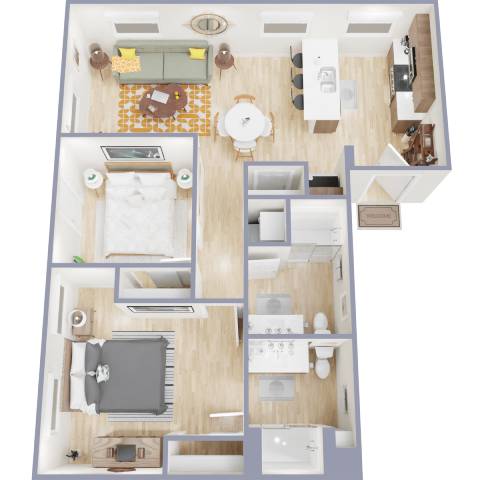 A top-down view of a house layout with a kitchen, living room, dining room, and bathroom.