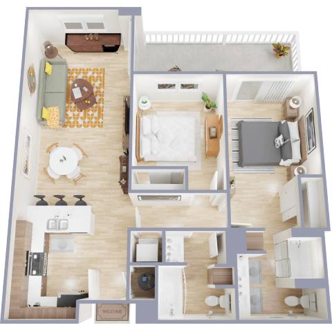 A top-down view of a small apartment with a bedroom, living room, kitchen, and bathroom.