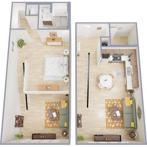 Two images of a dollhouse living room and kitchen.