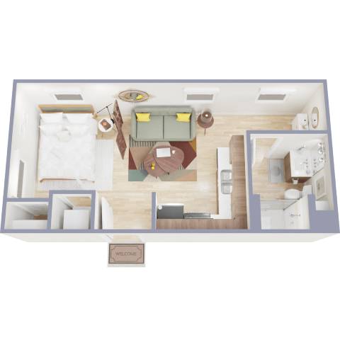 A floor plan of a house with a living room, kitchen, and two bedrooms.