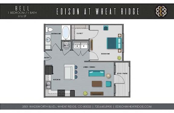 A floor plan of a one bedroom apartment at Edison at Wheat Ridge.