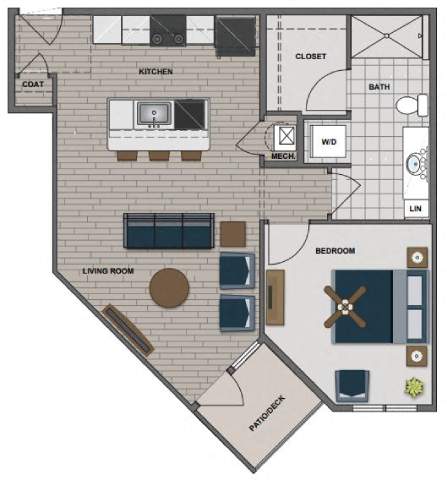 A floor plan of a house with a living room, kitchen, bathroom, and bedrooms.