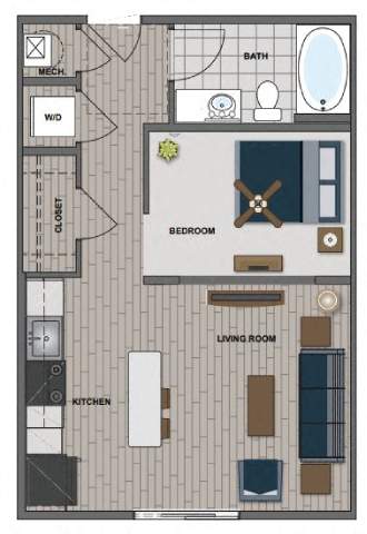 A floor plan of a small apartment with a living room, kitchen, bathroom, and bedroom.