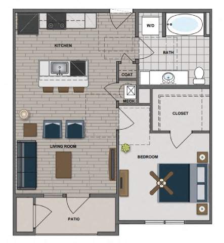 A floor plan of a house with a kitchen, living room, bedroom, bathroom, and closet.