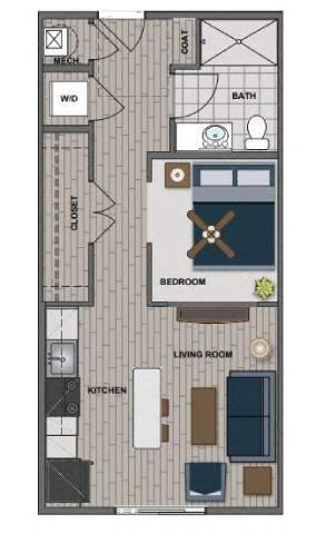 A floor plan of a small apartment with a bedroom, living room, kitchen, and bathroom.