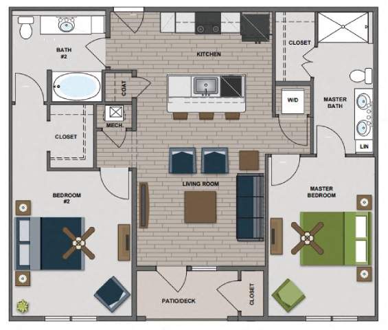 A floor plan of a house with two bedrooms, a kitchen, a bathroom, and a master bath.