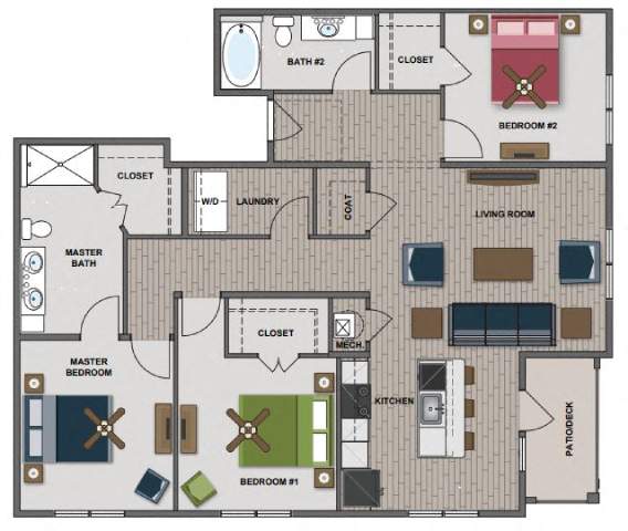 A floor plan of a house with two bedrooms, a living room, a kitchen, a bathroom, and a laundry area.