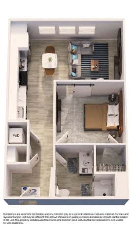 A floor plan of a small apartment with a kitchen, living room, and bathroom.