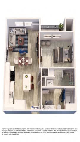 A floor plan of a house with a kitchen, living room, and bathroom.