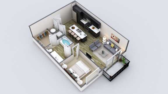 a 3d floor plan of a house with a bedroom and a living room