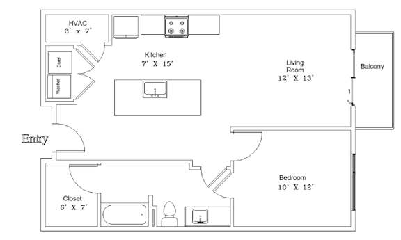A floor plan of a home with a kitchen, living room, and bedrooms.
