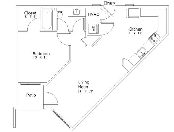 A floor plan of a home with a living room, bedroom, patio, kitchen, and closet.