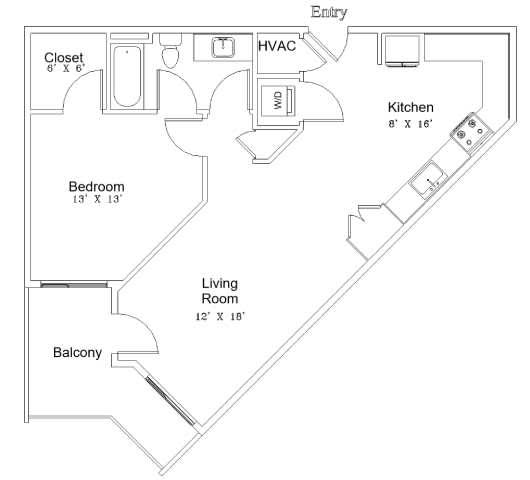 A floor plan of a small apartment with a living room, bedroom, kitchen, and balcony.