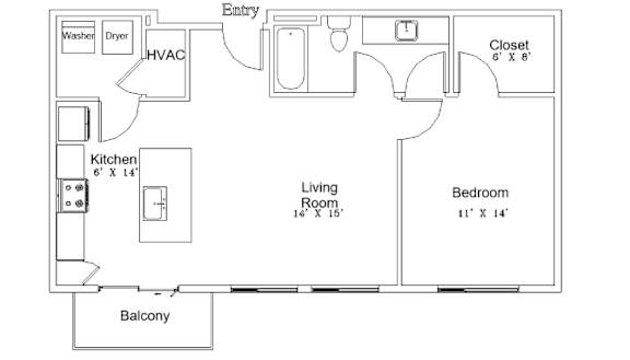 A floor plan of a small apartment with a kitchen, living room, and bedroom.