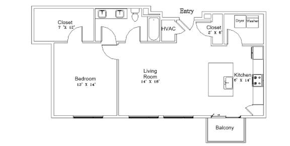 A floor plan of a home with a bedroom, living room, kitchen, and closet.