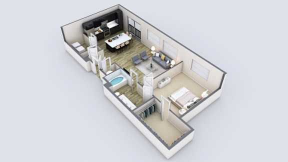 A 3D rendered image of a modern house layout.