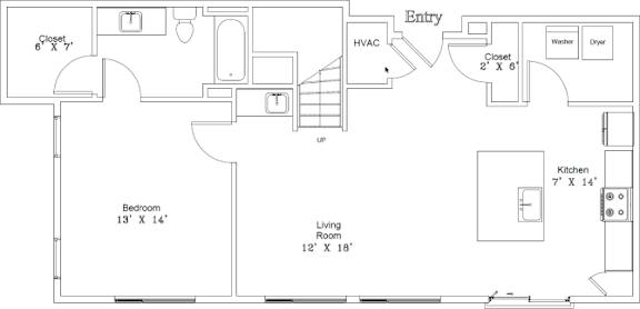 A floor plan of a house with a bedroom, living room, kitchen, and bathroom.