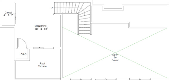 A floor plan of a room with a Mezzanine and a roof terrace.