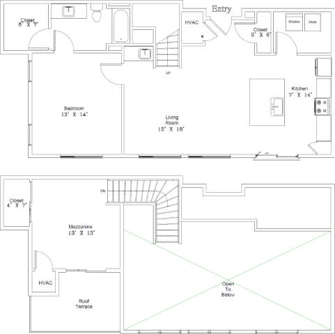 A floor plan of a house with a bedroom, living room, kitchen, and a cloakroom.
