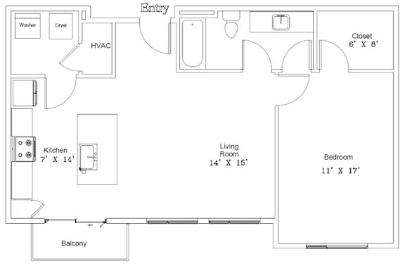 A floor plan of a home with a kitchen, living room, bedroom, and bathroom.