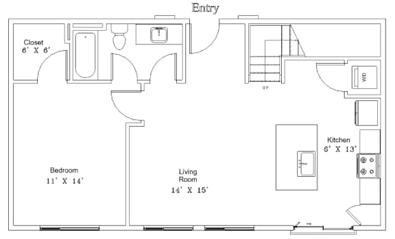 A floor plan of a small apartment with a bedroom, living room, kitchen, and closet.