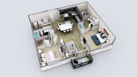 A 3D rendered image of a small apartment layout.