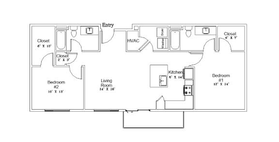 A floor plan of a house with two bedrooms, a living room, a kitchen, and two closets.