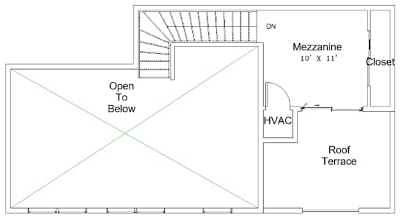 A diagram of a room with a Mezzanine and an Open To Below structure.