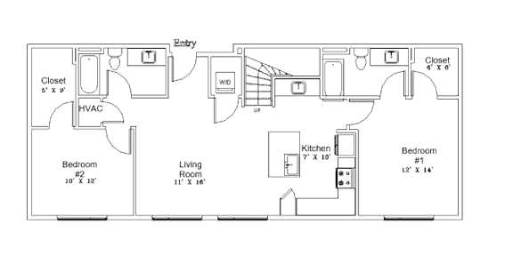 A floor plan of a house with a kitchen, living room, and two bedrooms.