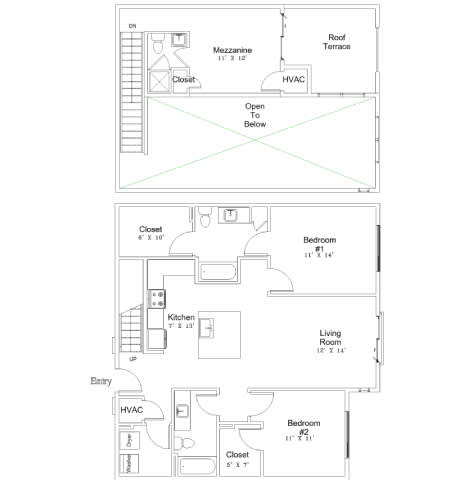 A floor plan of a two-bedroom apartment with a living room, kitchen, and bathroom.