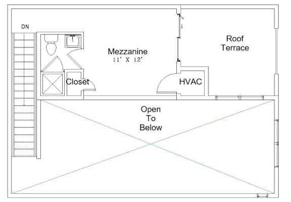 A floor plan of a room with a closet, Mezzanine, and HVAC system.