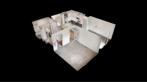 A 3D model of a house with a kitchen, living room, and two bedrooms.