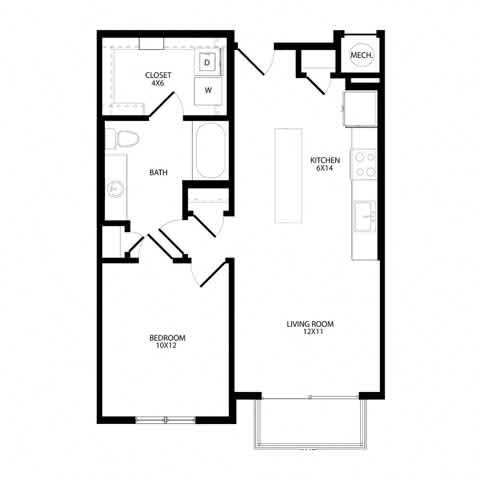 A floor plan of a house with a bedroom, living room, kitchen, bath, and closet.