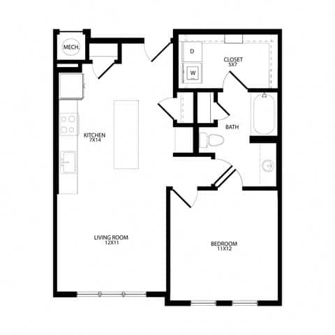 A black and white floor plan of a house with a living room, bedroom, bathroom, kitchen, and closet.