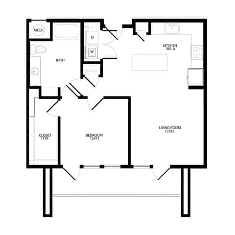 A black and white floor plan of a house with a kitchen, living room, and bedrooms.