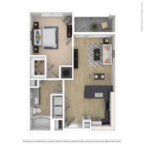 Floor Plan  A floor plan of a small apartment with a kitchen, living room, and bathroom.