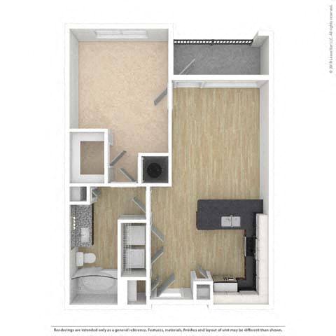 A floor plan of a small apartment with a kitchen, living room, and bathroom.