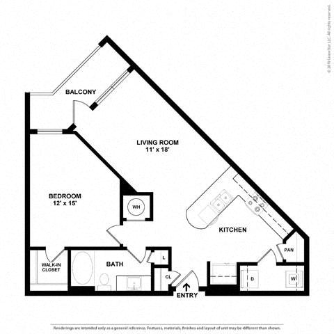 A black and white image of a house floor plan with a living room, bedroom, bathroom, kitchen, and entry.