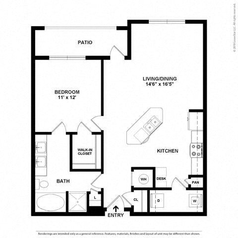 A black and white floor plan of a house with a living room, kitchen, bedroom, bathroom, and patio.
