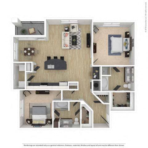 A floor plan of a small apartment with a kitchen, living room, and bedroom.